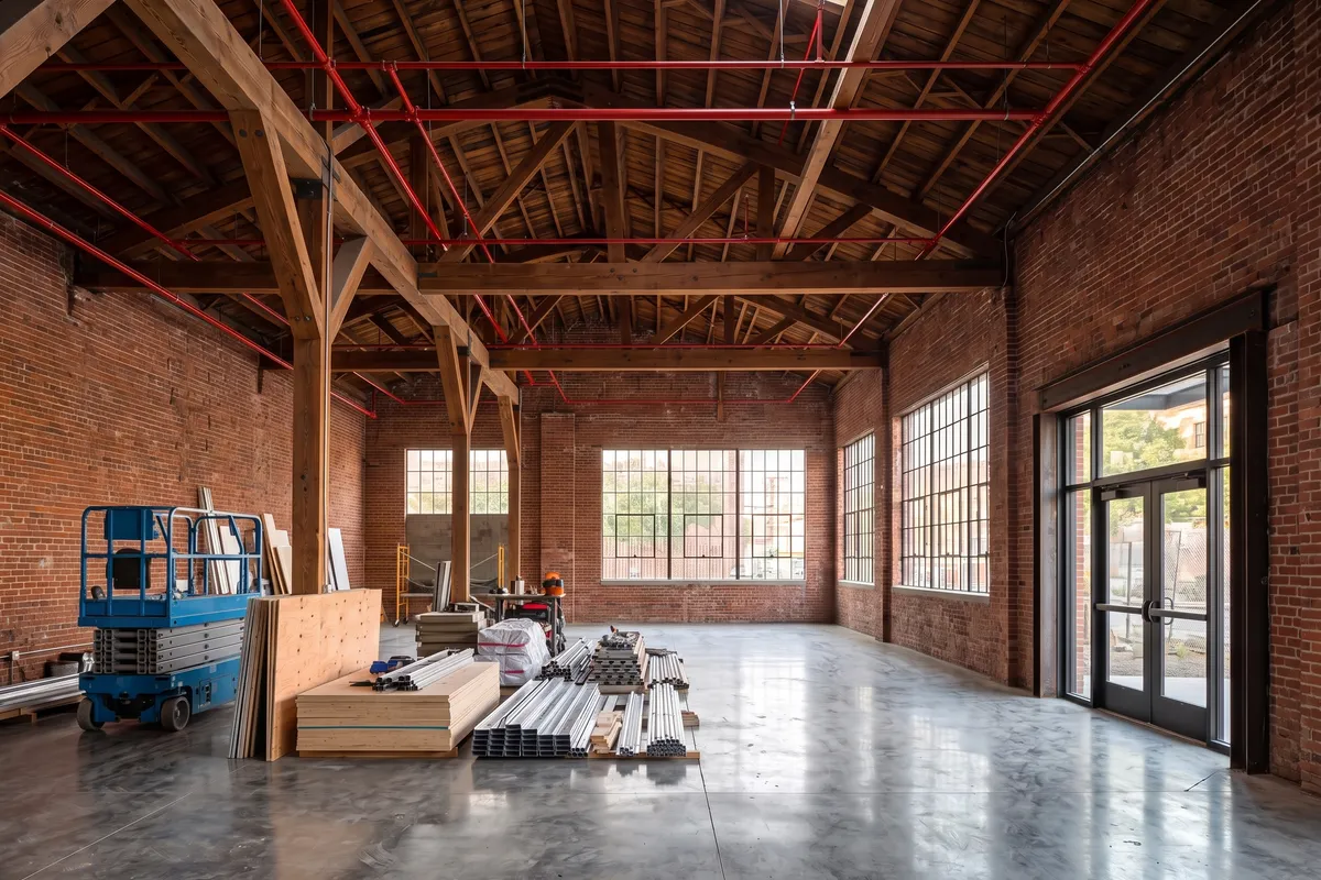 Brick warehouse mid-conversion to an event venue, with new fire sprinkler piping and a wide new exit doorway