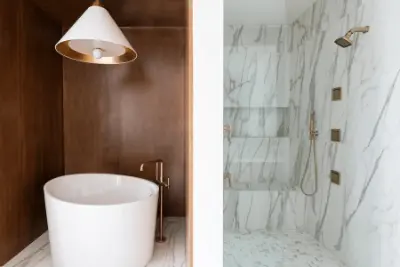 White and Brown Marble Walk-in Shower and Round Modern Bathtub